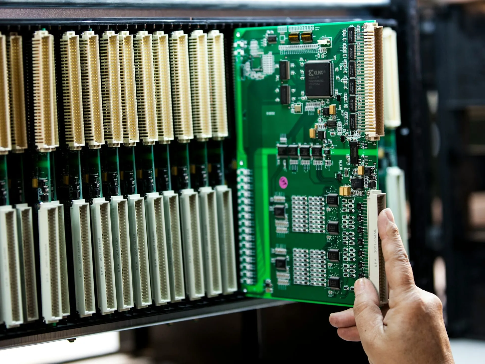 Karta z układem FPGA wsuwana do kasety z rzędem złączy